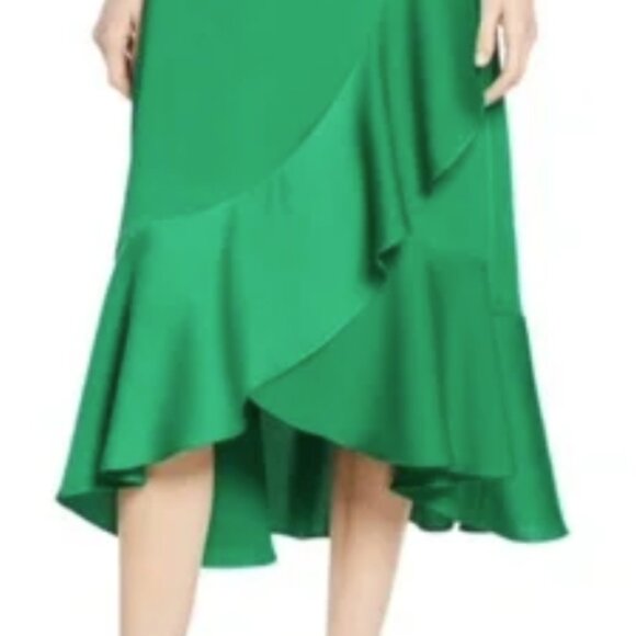 Green Satin A-Line Midi Faux Wrap Ruffle Hem Cocktail Dress - Picture 5 of 5